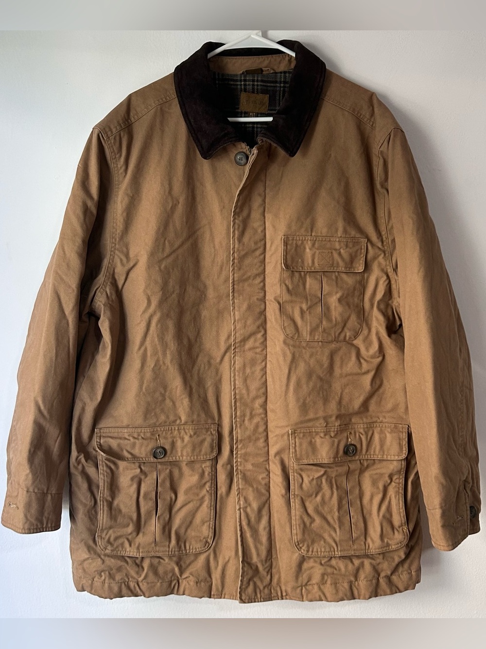 St Johns Bay Jacket Tan Canvas Chore Barn Field Coat Plaid Lining Men SZ XLTall